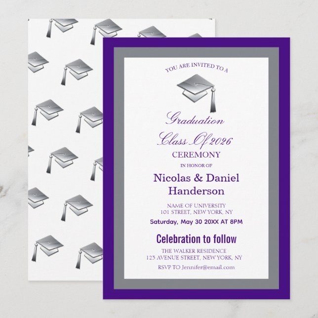 Elegant grey caps graduation ceremony invitation (Devant / Derrière)