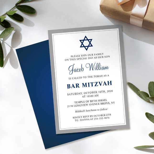 Elegant Grey et Navy Blue Bar Mitzvah Invitation (Créateur téléchargé)