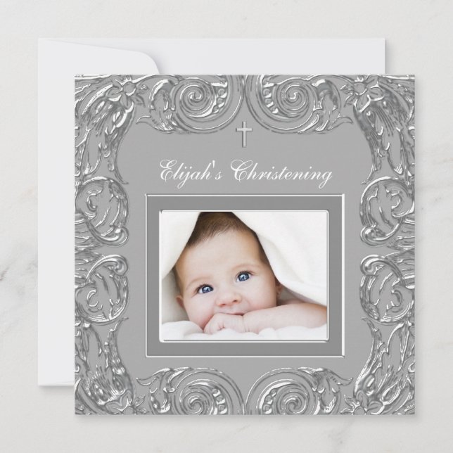 Elegant Grey Photo Christening Invitations (Devant)