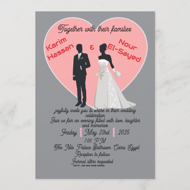 Elegant Grey Pink Heart Bride Groom Invitation (Devant)