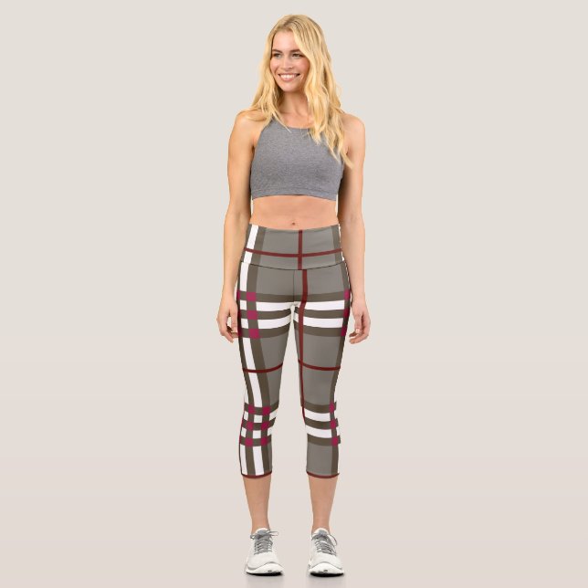 Élégant Gris et Blanc Haut Taille Plaid Leggings (Recto)