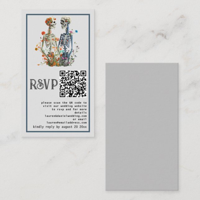 Elégant gris floral squelette QR Wedding Carte RSV (Devant / Derrière)
