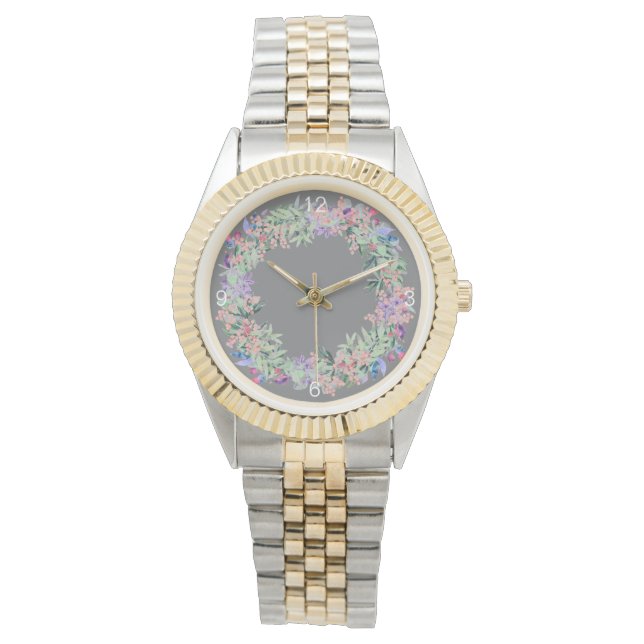 Elégant Gris Moderne Floral Montre Femme (devant)