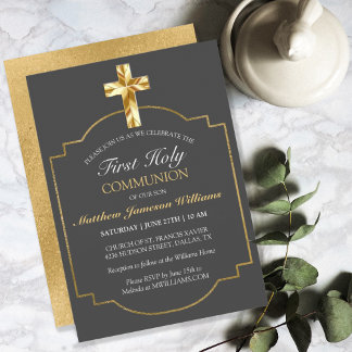 Elégant Gris Or 1ère Sainte Communion Invitation