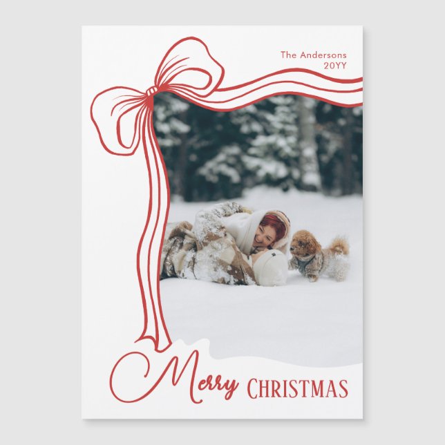 Elegant Hand Drawn Bow Christmas Magnetic Card (Devant)