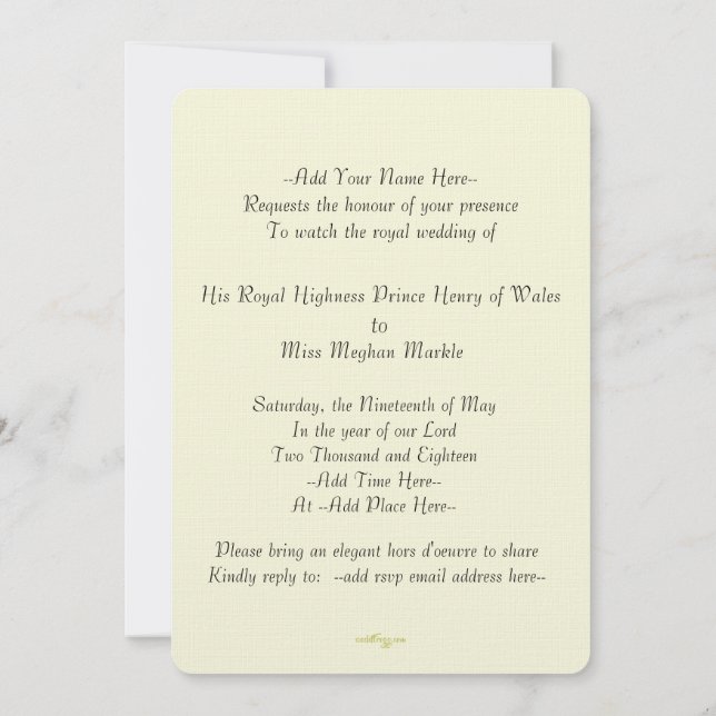 Élégant Harry Meghan Royal Wedding Invitation (ivo (Dos)