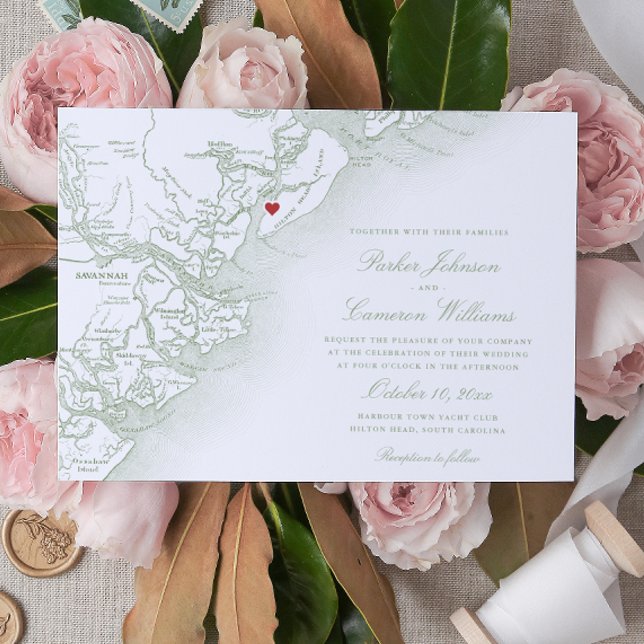 Elégant Hilton Head Island Carte Sage Green Mariag (Hilton Head SC Map Wedding Invitation in Elegant Sage Green by Coastal Map Designs)