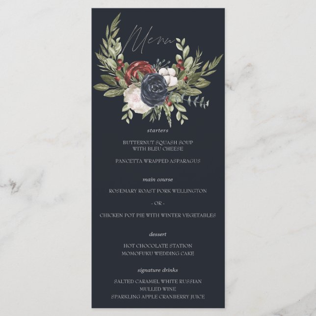 Elégant hiver Floral Boho Botanical Mariage Menu (Devant)