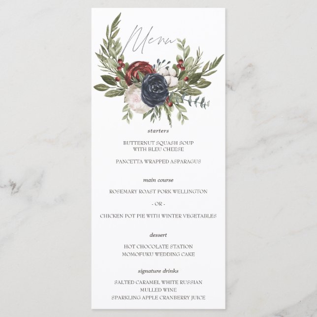 Elégant hiver Floral Boho Botanical Mariage Menu (Devant)