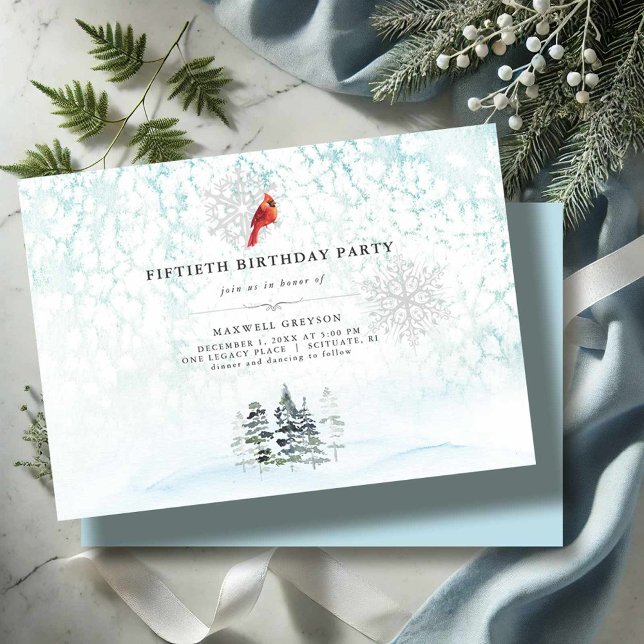 Elégant hiver Pins Aquarelle Invitations d'anniver (50th Birthday invitations winter wonderland pine trees, cardinal and snow)