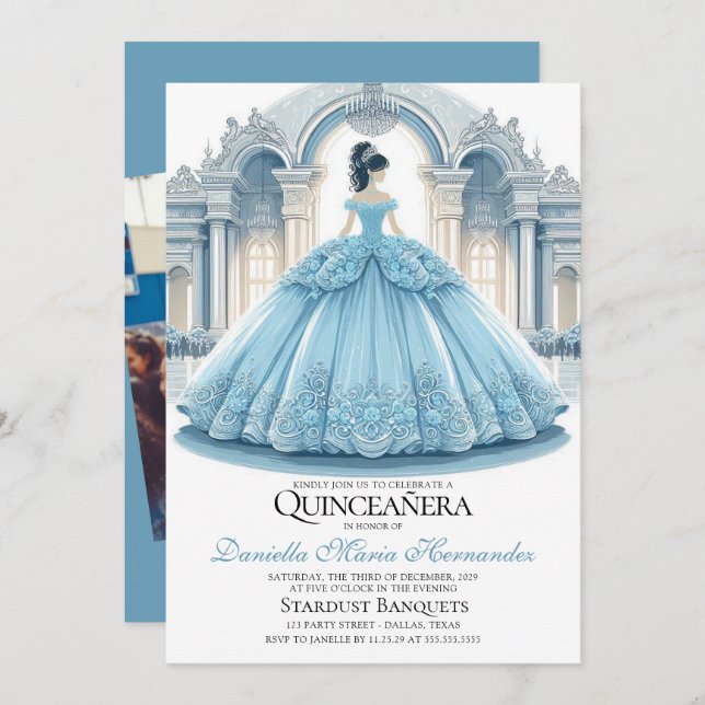 Elégant Ice Blue Quinceañera Invitation (Devant / Derrière)
