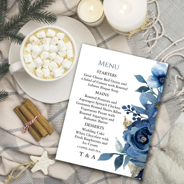 Elégant Ice Blue Winter Floral Menu Invitation (Elegant Ice Blue Winter Floral Menu  #navyblue #winterinvitation #blueandgold )