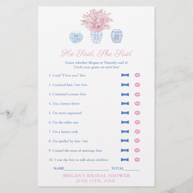 Élégant, Il Dit Qu'Elle A Dit Wedding shower Game  (Devant)