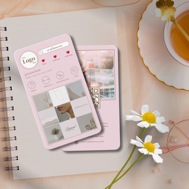 Élégant Instagram Photo Collage Carte de visite ro (Elegant Instagram Photo Collage Pink Business Card)