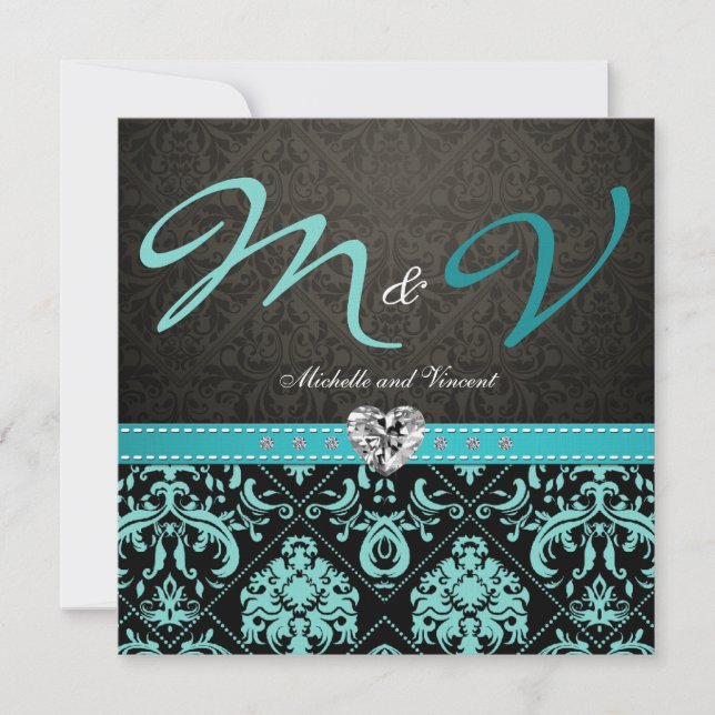 Elégant Invitation Aqua Blue / Black Mariage damas (Devant)