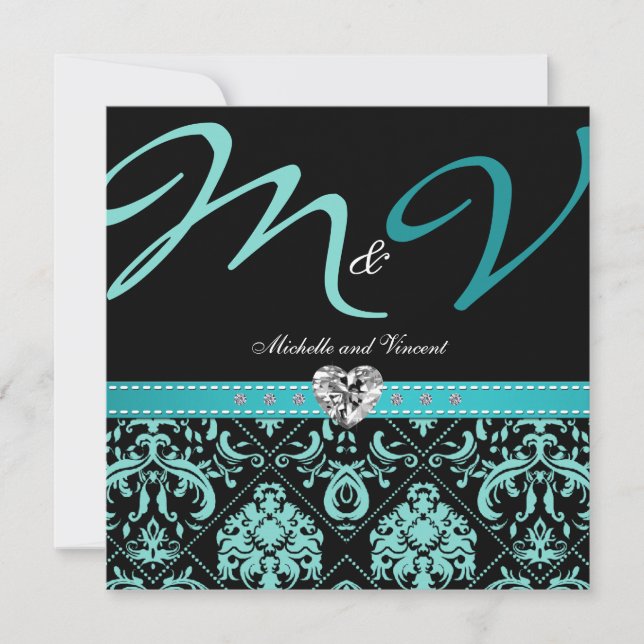 Elégant Invitation Aqua Blue Mariage damassé (Devant)