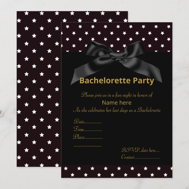ÉLÉGANT INVITATION BACHELORETTE BLANC BLACK BOW (Devant / Derrière)