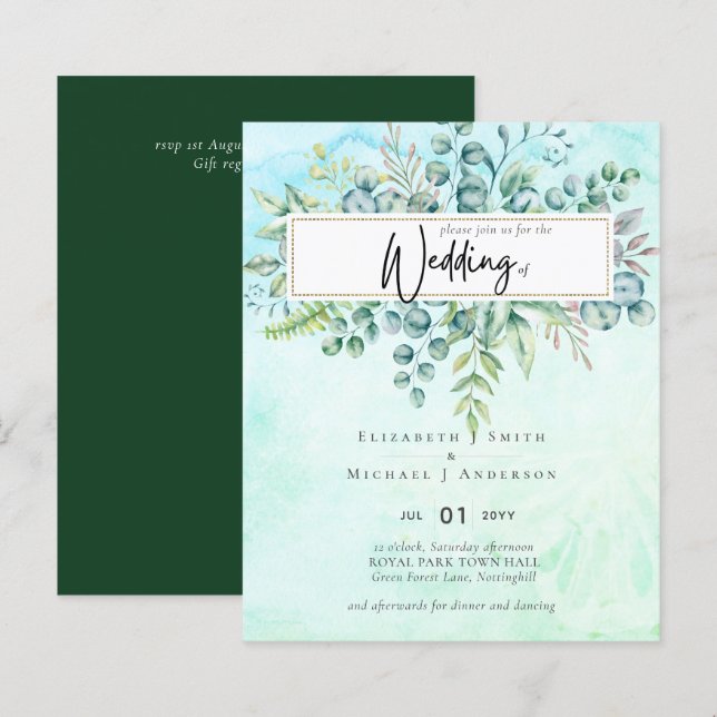Élégant Invitation BUDGET Eucalyptus Bleu Vert Sim (Devant / Derrière)