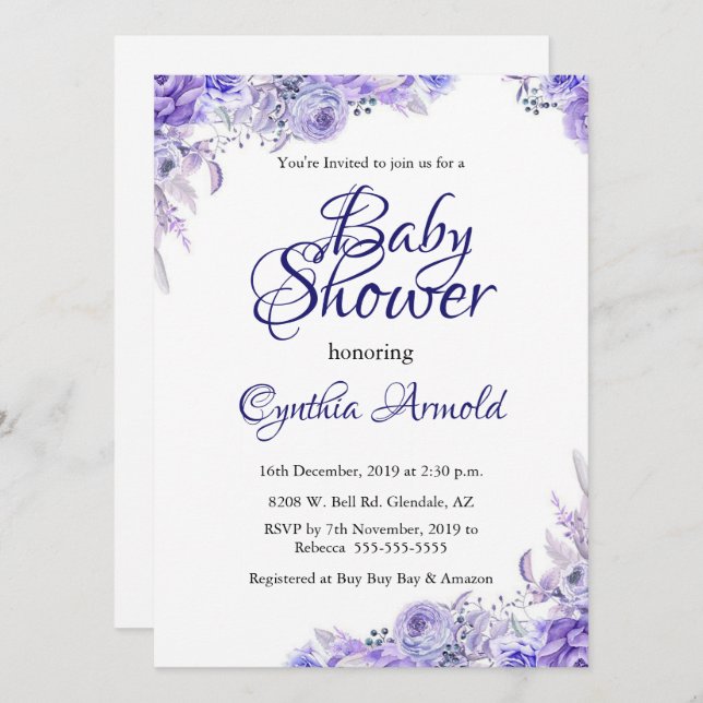 Élégant Invitation de Baby shower floral pourpre (Devant / Derrière)