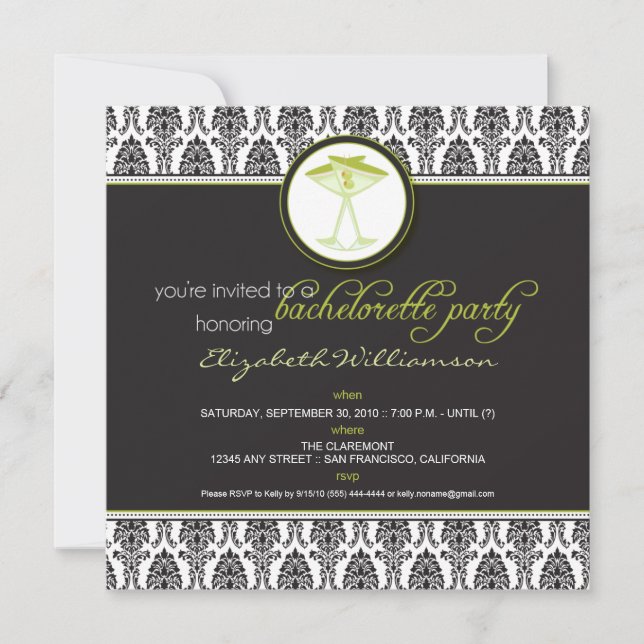 Élégant Invitation de bachelorette Damask (chaux) (Devant)