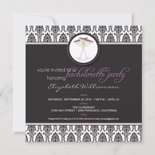Élégant Invitation de bachelorette Damask (violet) (Devant)