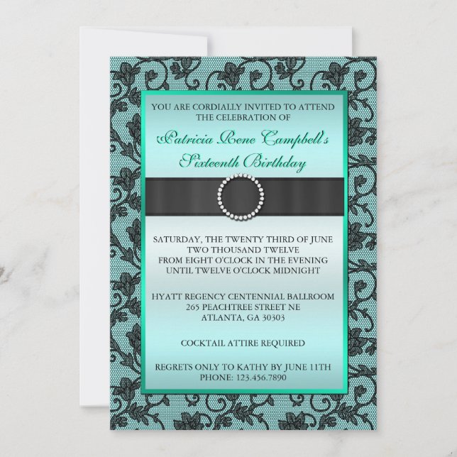 Élégant Invitation de dentelle florale [Turquoise] (Devant)