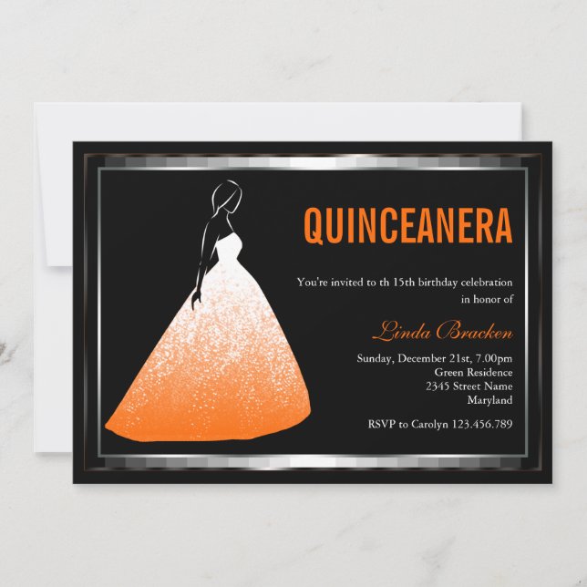 Élégant Invitation de la Quincennera orangée de Ba (Devant)
