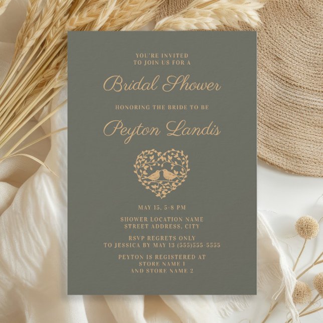 Élégant Invitation de Mariage Automne Vert Mousse  (Elegant olive/sage green and terracotta gold Love Birds bridal shower invitation)