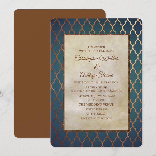 Élégant invitation de mariage cuivre et sarcelle (Devant / Derrière)