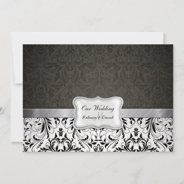 Élégant invitation de Mariage damassé noir et blan (Devant)