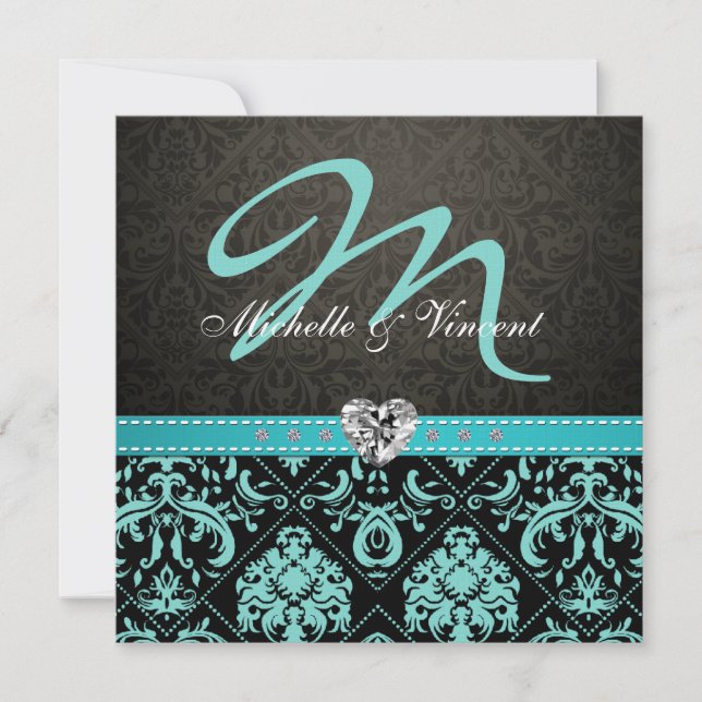 Élégant Invitation de monogramme bleu Aqua / noir  (Devant)