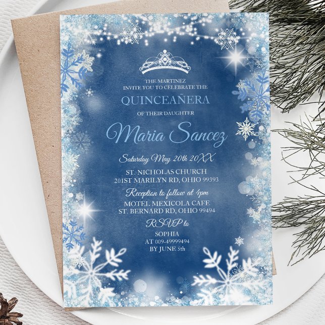 Élégant Invitation de Quinceanera Bleu Bleu Hiver (Créateur téléchargé)