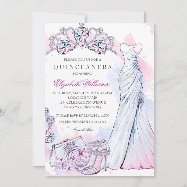 Élégant Invitation de Quinceanera en cristal d'éti (Devant)