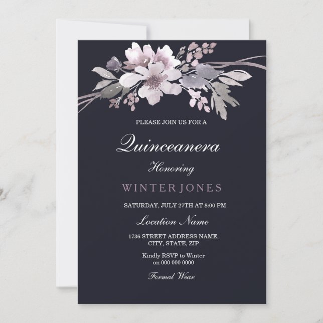 Élégant Invitation de Quinceanera Floral Winter Bl (Devant)
