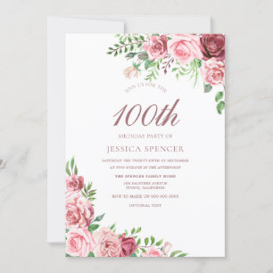Élégant Invitation du 100e anniversaire rose et bo