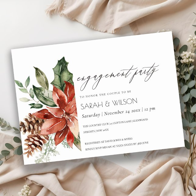 Élégant Invitation Fiançailles Poinsettia Pine Con (Créateur téléchargé)
