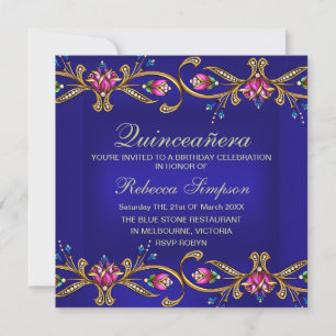 Élégant Invitation Floral Gem Blue Quinceañera