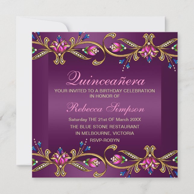 Elégant Invitation Floral Gem Purple/Black Quincea (Devant)