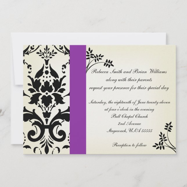 Élégant Invitation violet et noir de Mariage damas (Devant)