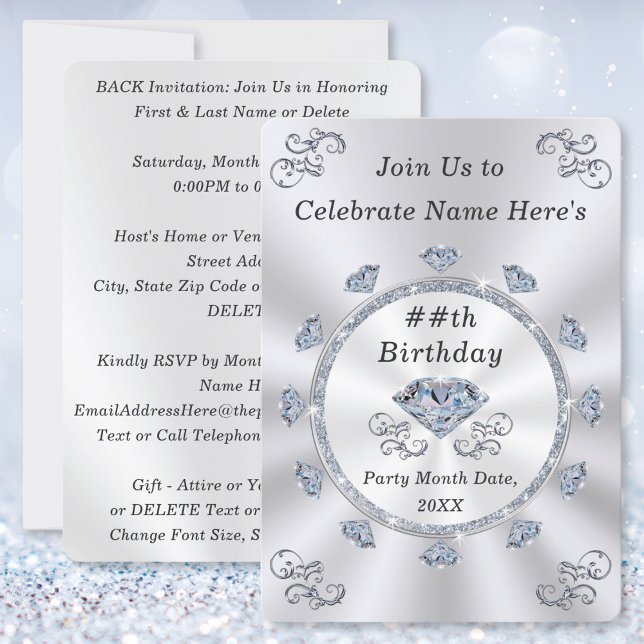 Élégant, Invitations d'anniversaire pour adultes,  (60th birthday party invitations for her. Diamond birthday party ideas. 75th birthday invitations.)