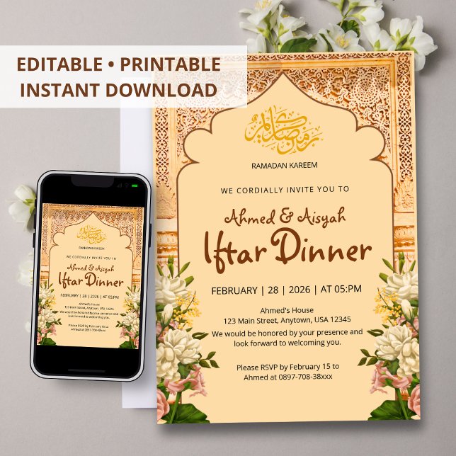 Elegant Islamic Arch Floral Iftar invitation (Créateur téléchargé)