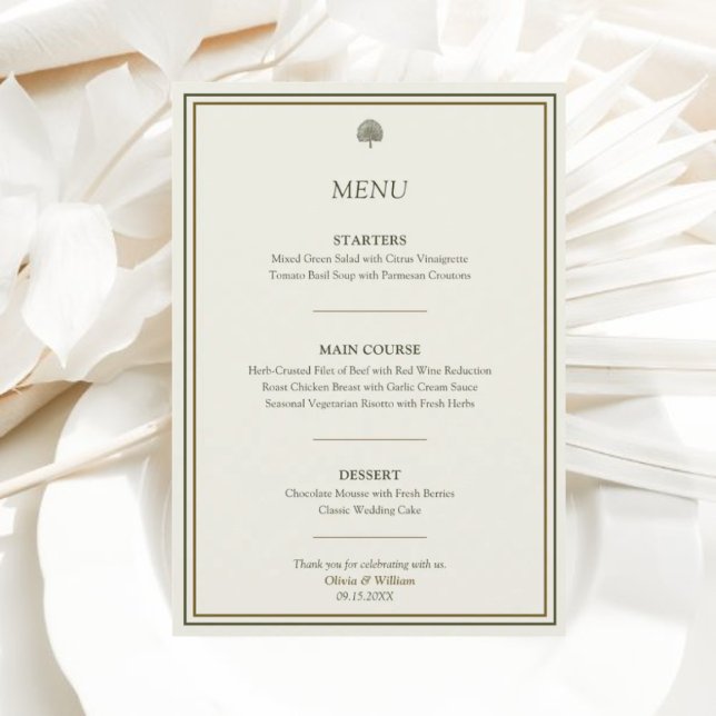 Elégant ivoire & or 5x7 Mariage Accueil Menu (Elegant wedding menu card with classic gold border for modern and timeless reception design.)