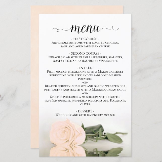 Elégant ivoire Pêche Rose Budget Mariage Menu (Devant / Derrière)