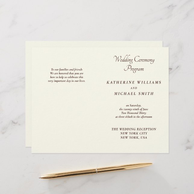 Elegant Ivory And Cream Minimal Wedding Programs (Devant/Arrière en situation)