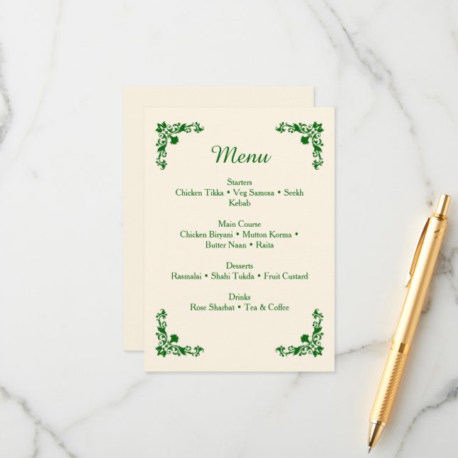 Elegant Ivory & Emerald Floral Wedding Menu (Devant/Arrière en situation)