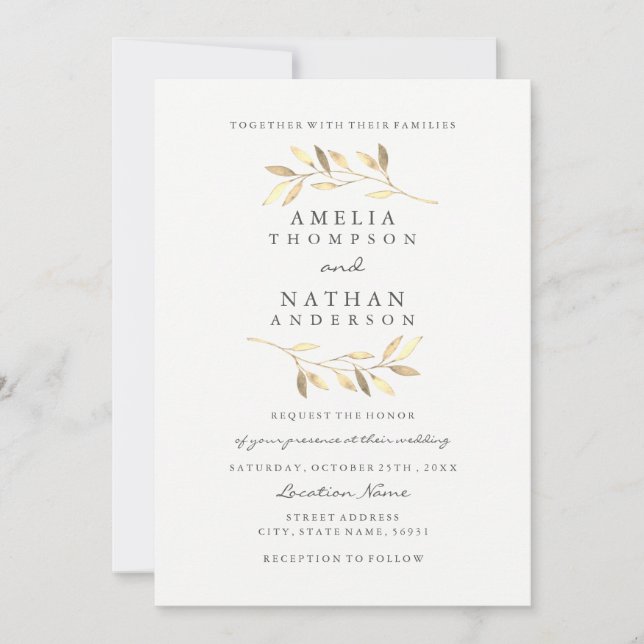 Elégant Jardin Feuille d'or Invitation de mariage (Devant)