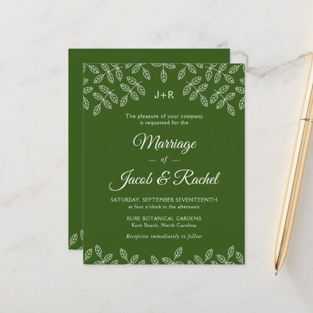 Elégant Jardin Feuille Faire-part de mariage vert (Devant/Arrière en situation)