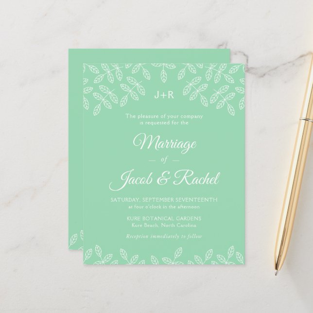Elégant Jardin Feuilles Mint GreenWedding Invitati (Devant/Arrière en situation)