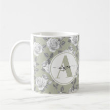 Elégant jardin Rose à Sage Green Monogram Mug