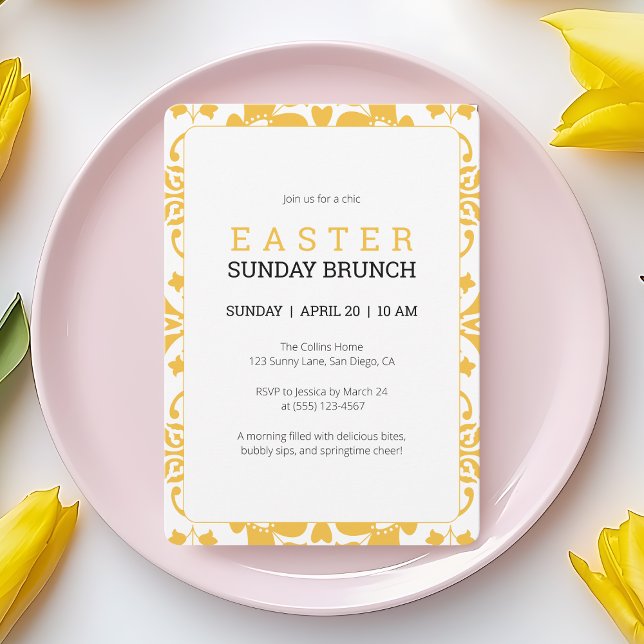 Elégant Jaune de Pâques dimanche Brunch Invitation (Easter Sunday Brunch Modern Yellow Elegant Floral Invitation)